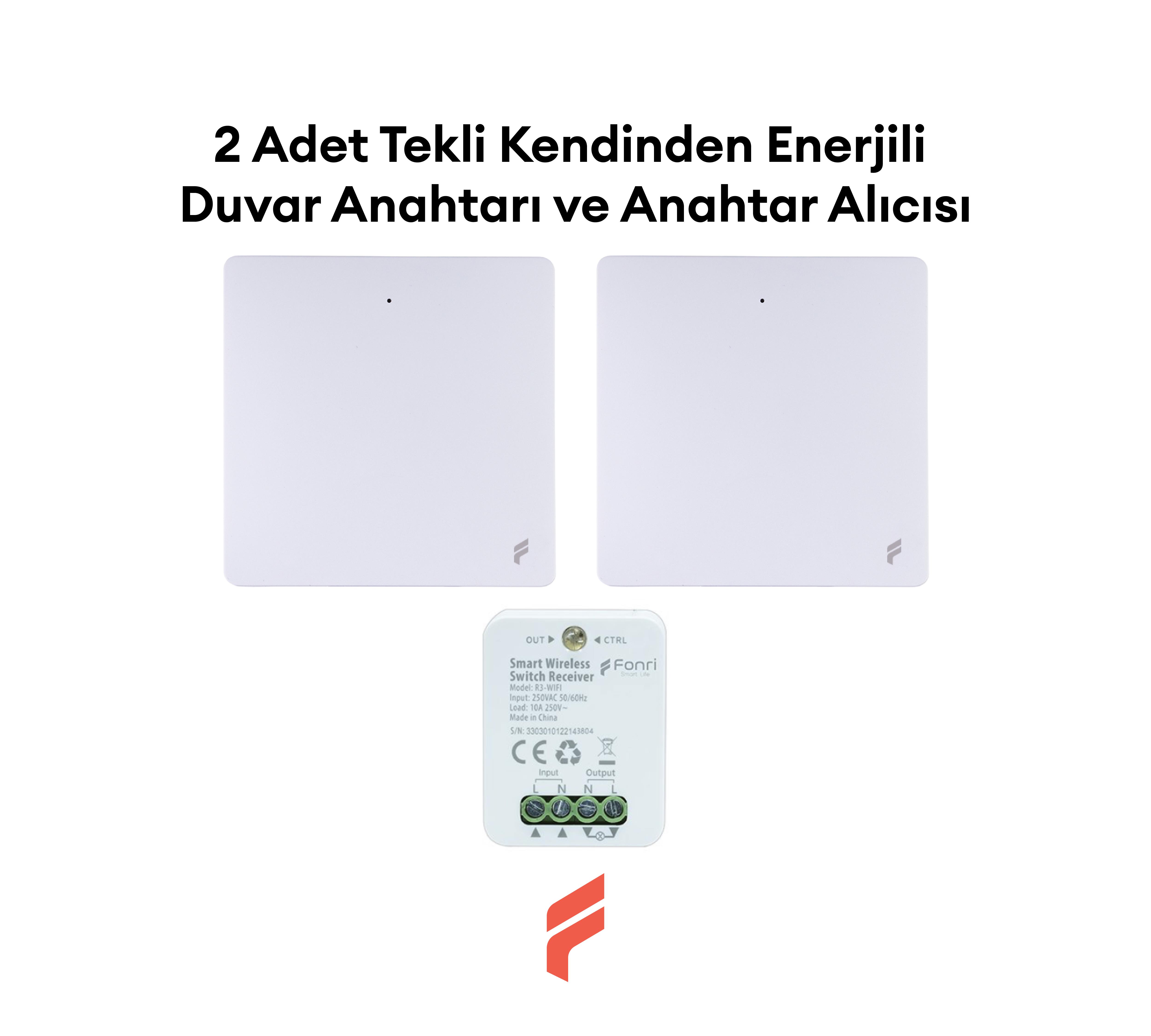 Akıllı Kablosuz 2 Adet Tekli Kendinden Enerjili Duvar Anahtarı ve Akıllı Kablosuz Anahtar Alıcısı Seti