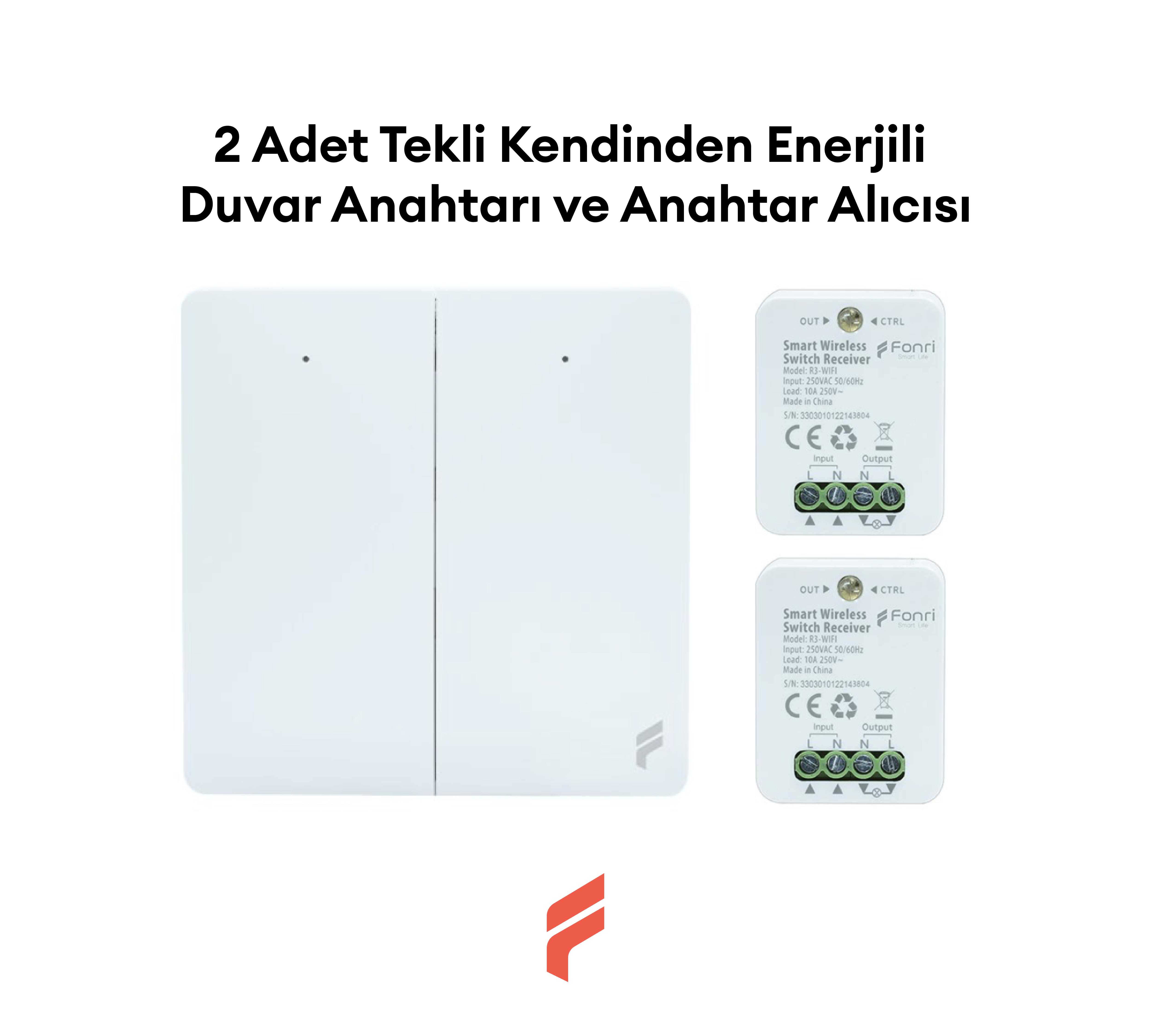Akıllı Kablosuz Çiftli Kendinden Enerjili Duvar Anahtarı ve 2 Adet Akıllı Kablosuz Anahtar Alıcısı Seti