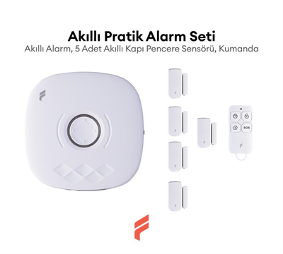 Akıllı Pratik Alarm Seti; Akıllı Alarm, 5 Adet Akıllı Kapı Pencere Sensörü, Kumanda, Yüksek Sesli