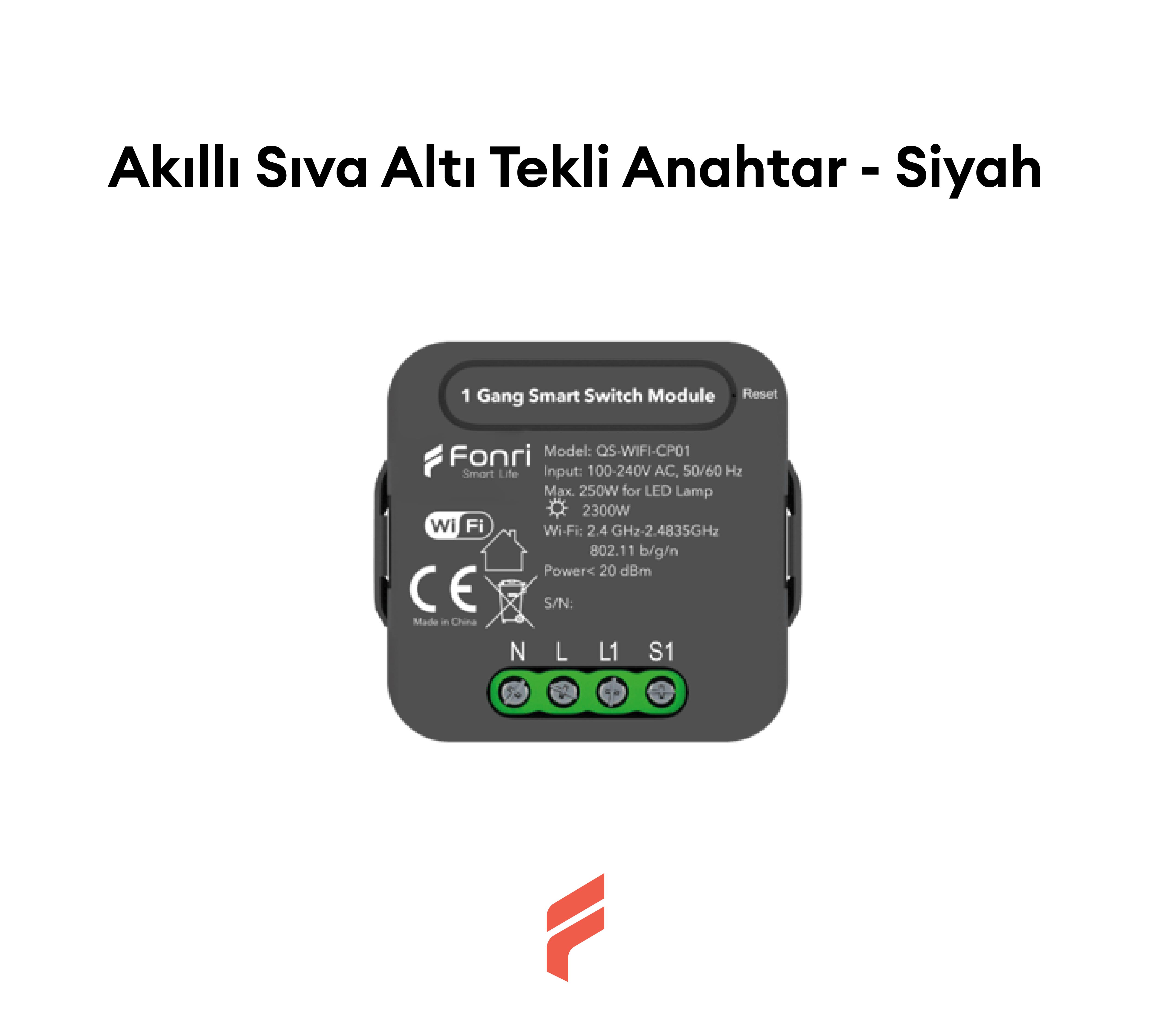 Akıllı Sıva Altı Tekli Anahtar - Siyah