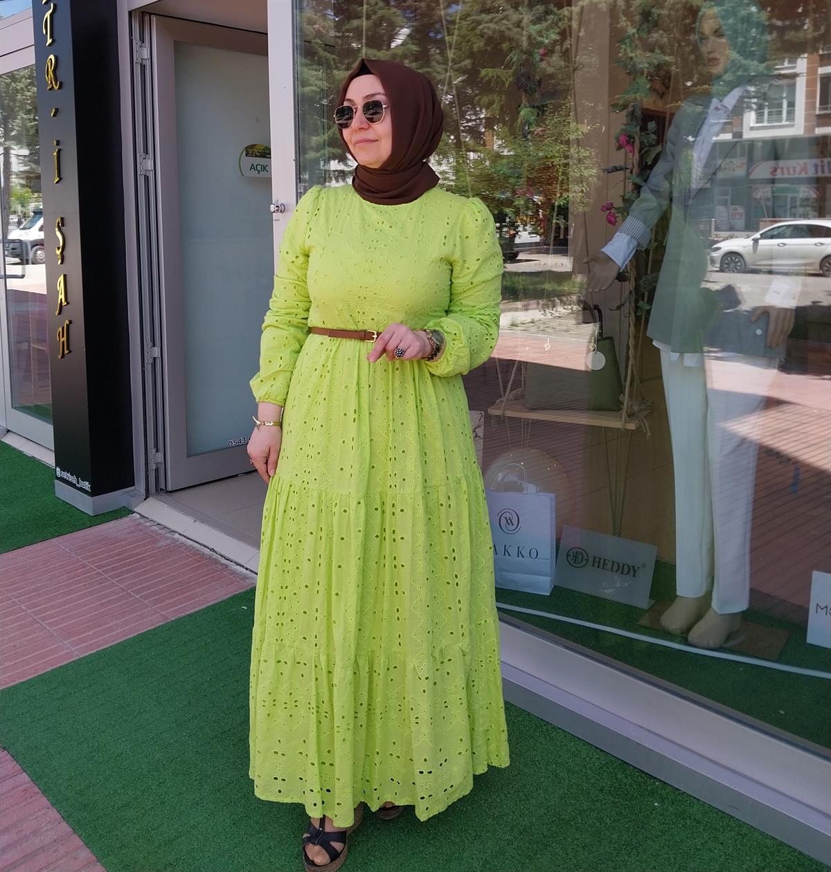 NURCAN ÇETİN ASTARLI BRODE ELBİSE MİMOZA 23107