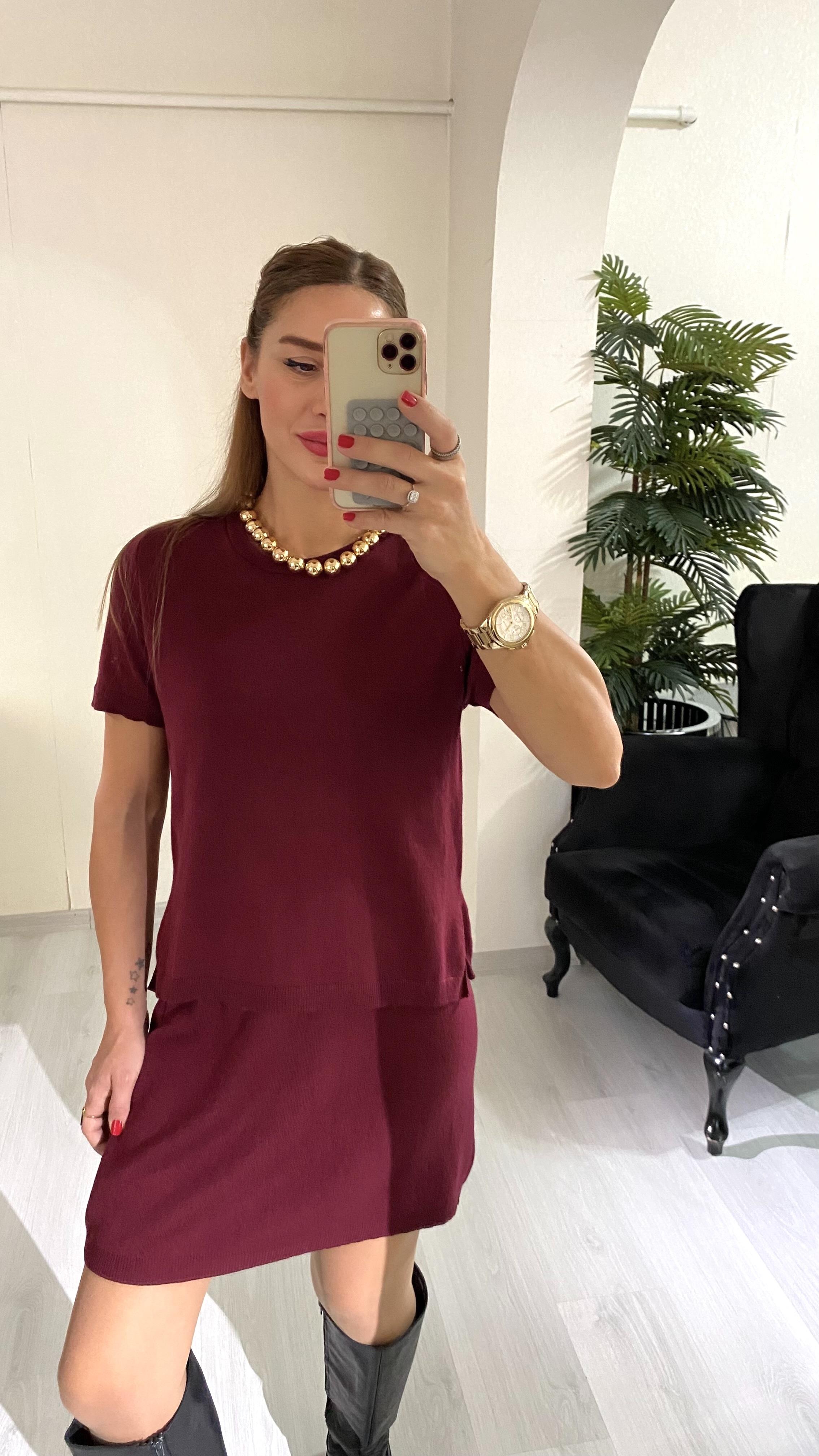 YENİ SEZONBordo Triko Bisiklet Yaka Bluz Etek Takım