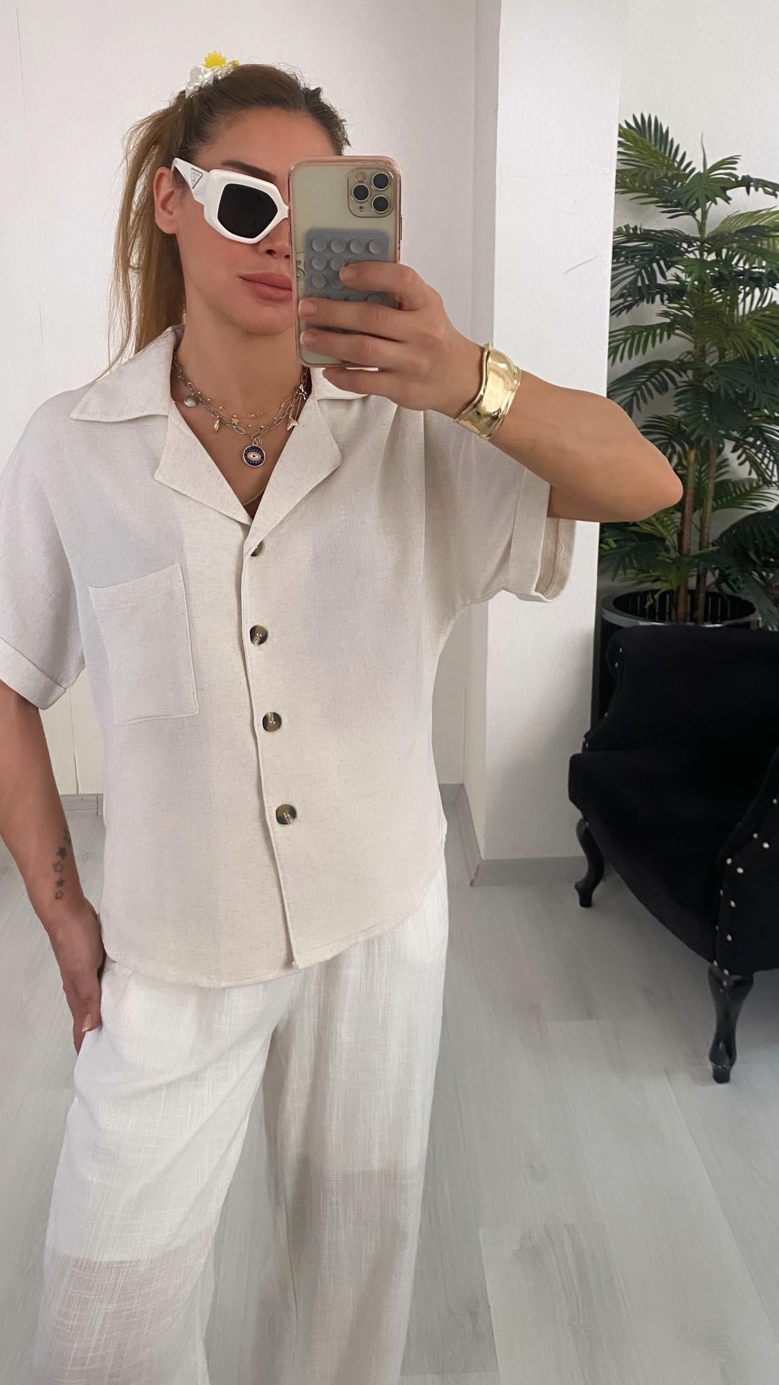 YENİ SEZONKeten Taş Rengi Cepli Oversize Gömlek 