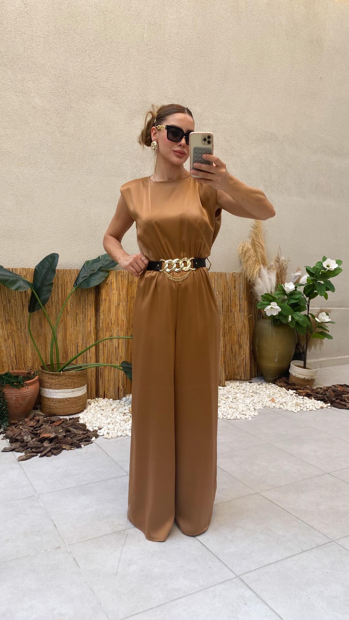 YENİ SEZONPremium Saten Camel Kemerli Vatkalı Tulum