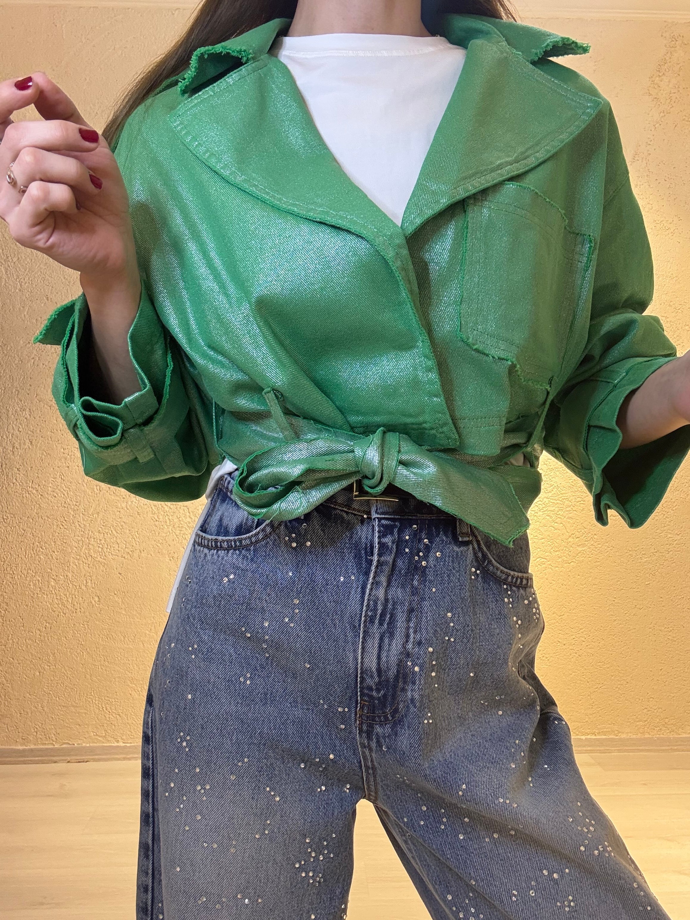 YENİ SEZONSimli Gabardin Kuşaklı Bomber Ceket-Yeşil