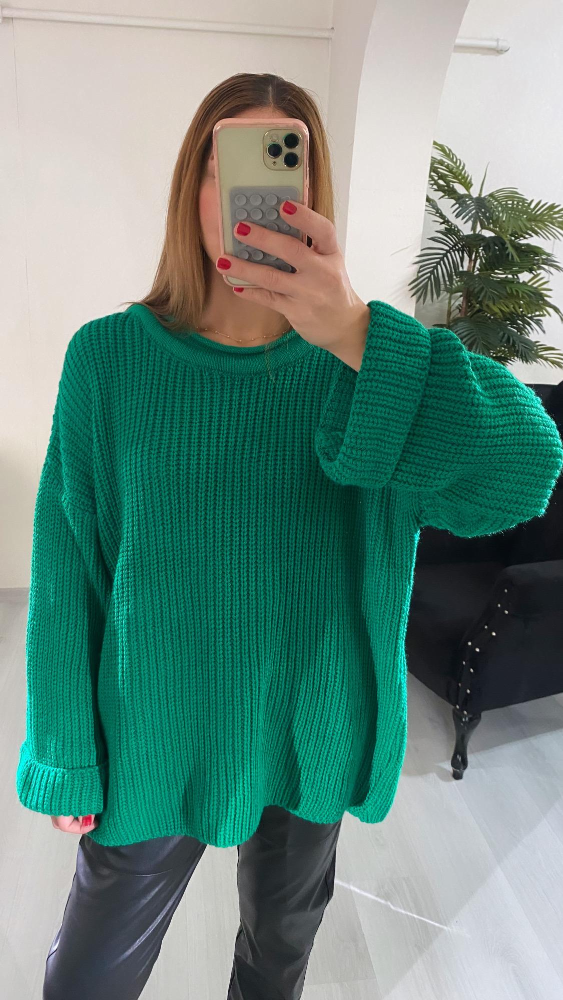 YENİ SEZONYeşil Oversize Bisiklet Yaka Örme Kazak
