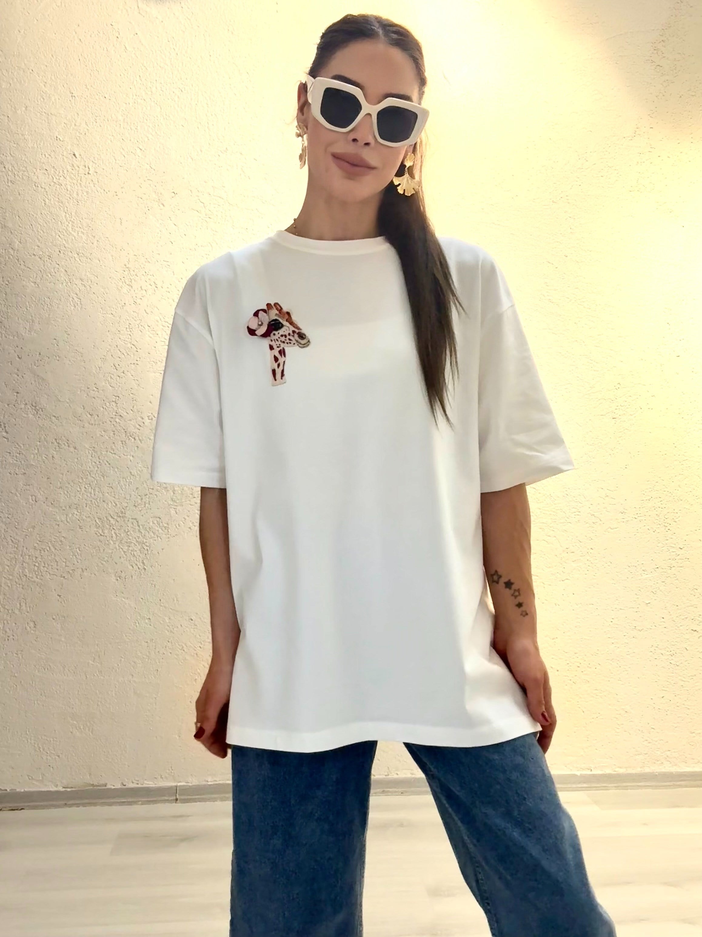 YENİ SEZON%100 El İşçiliği Pamuk Bisiklet Yaka Oversize Tshırt