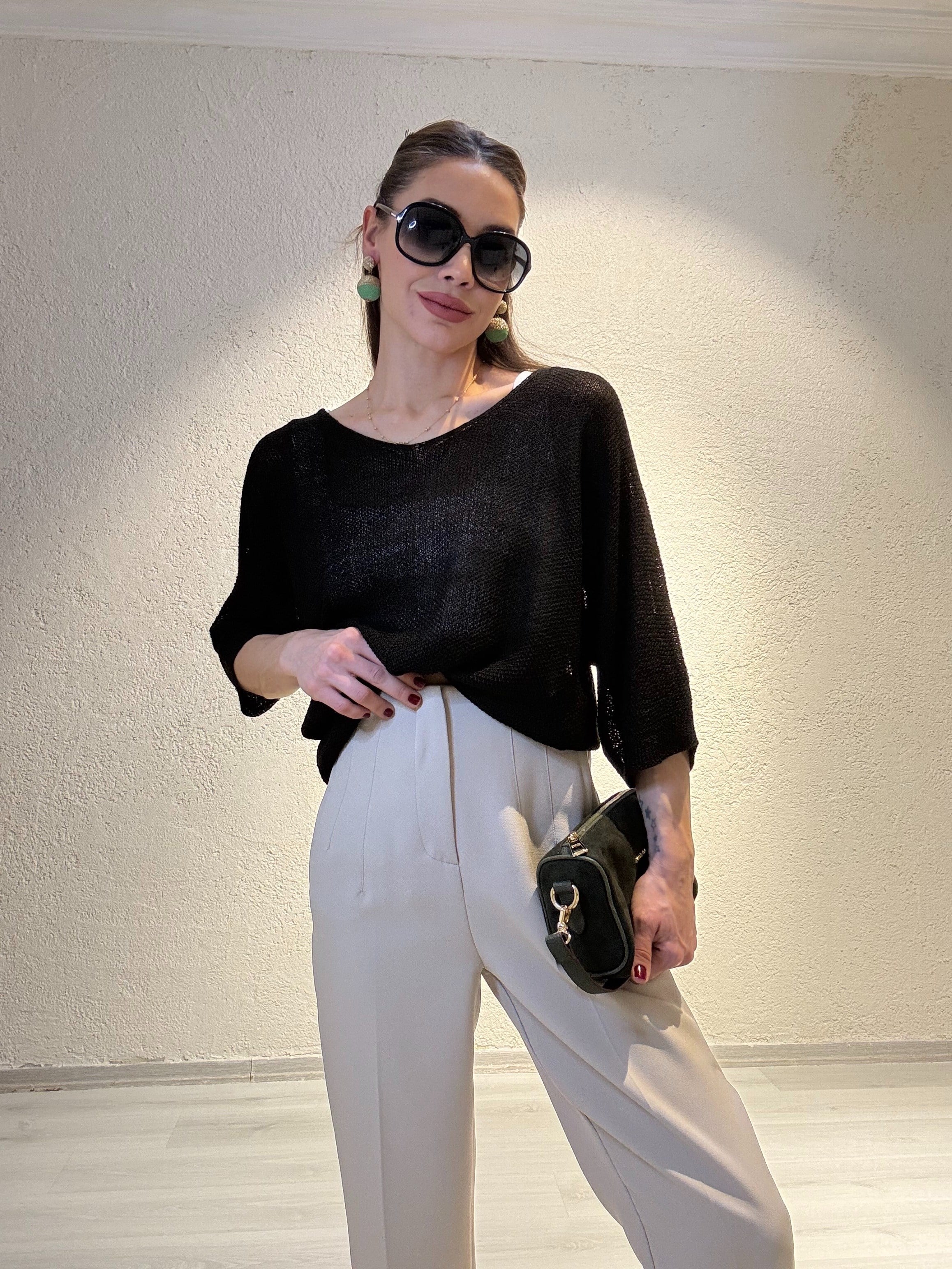 YENİ SEZONKoyu Kahverengi Krem Bisiklet Yaka Oversize Triko Bluz