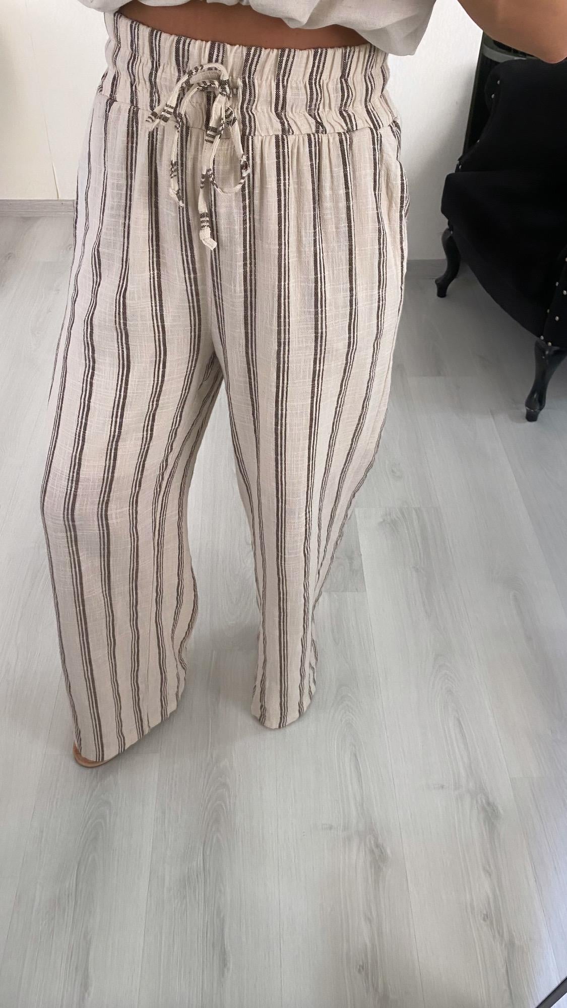 YENİ SEZONKrem Çizgili Bel Lastikli Cepli Keten Pantolon