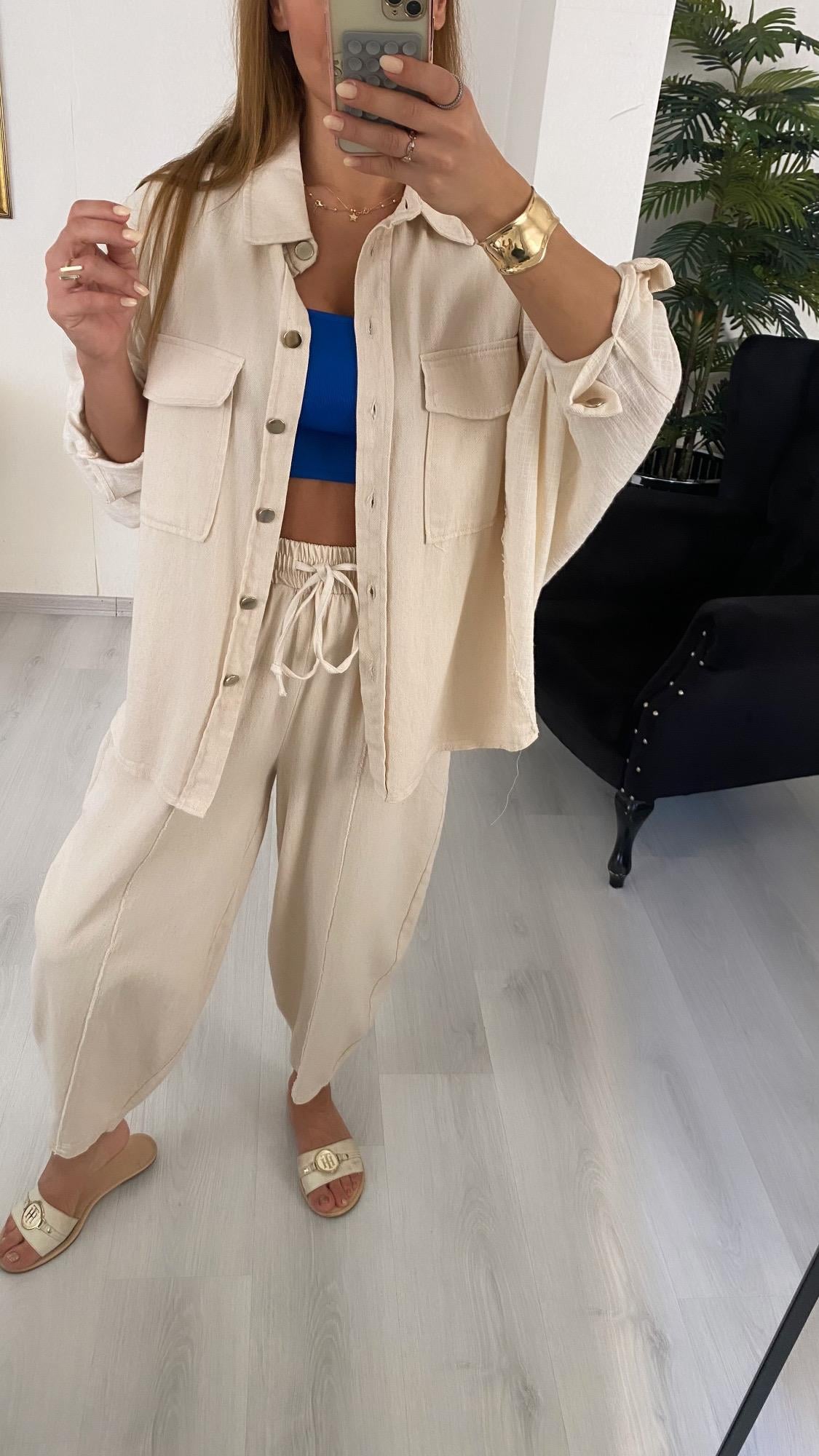 YENİ SEZONKrem Gabardin Gömlek Pantolon Takım