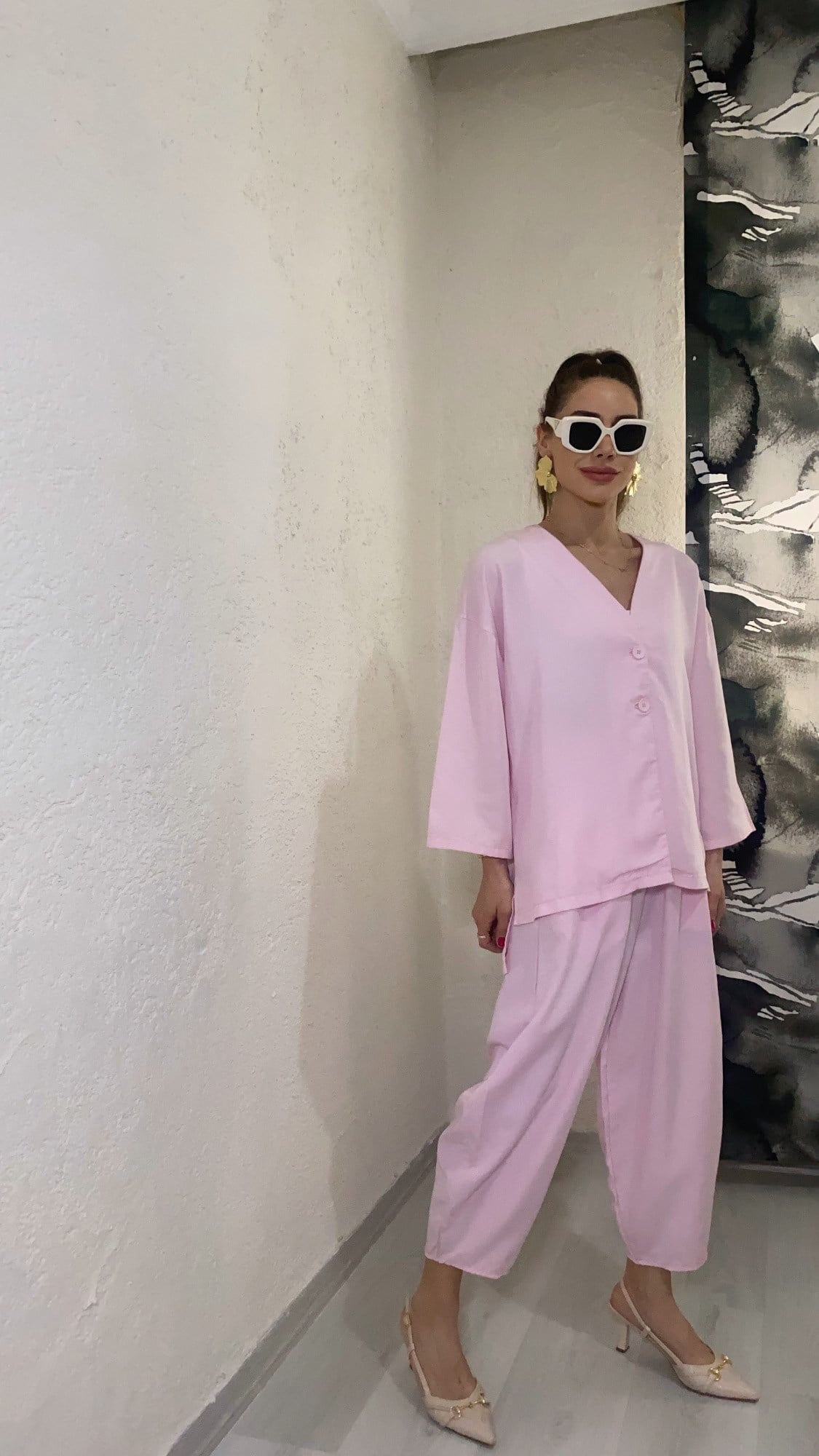 YENİ SEZONPembe Tensel Düğmeli Bluz Pantolon Takım