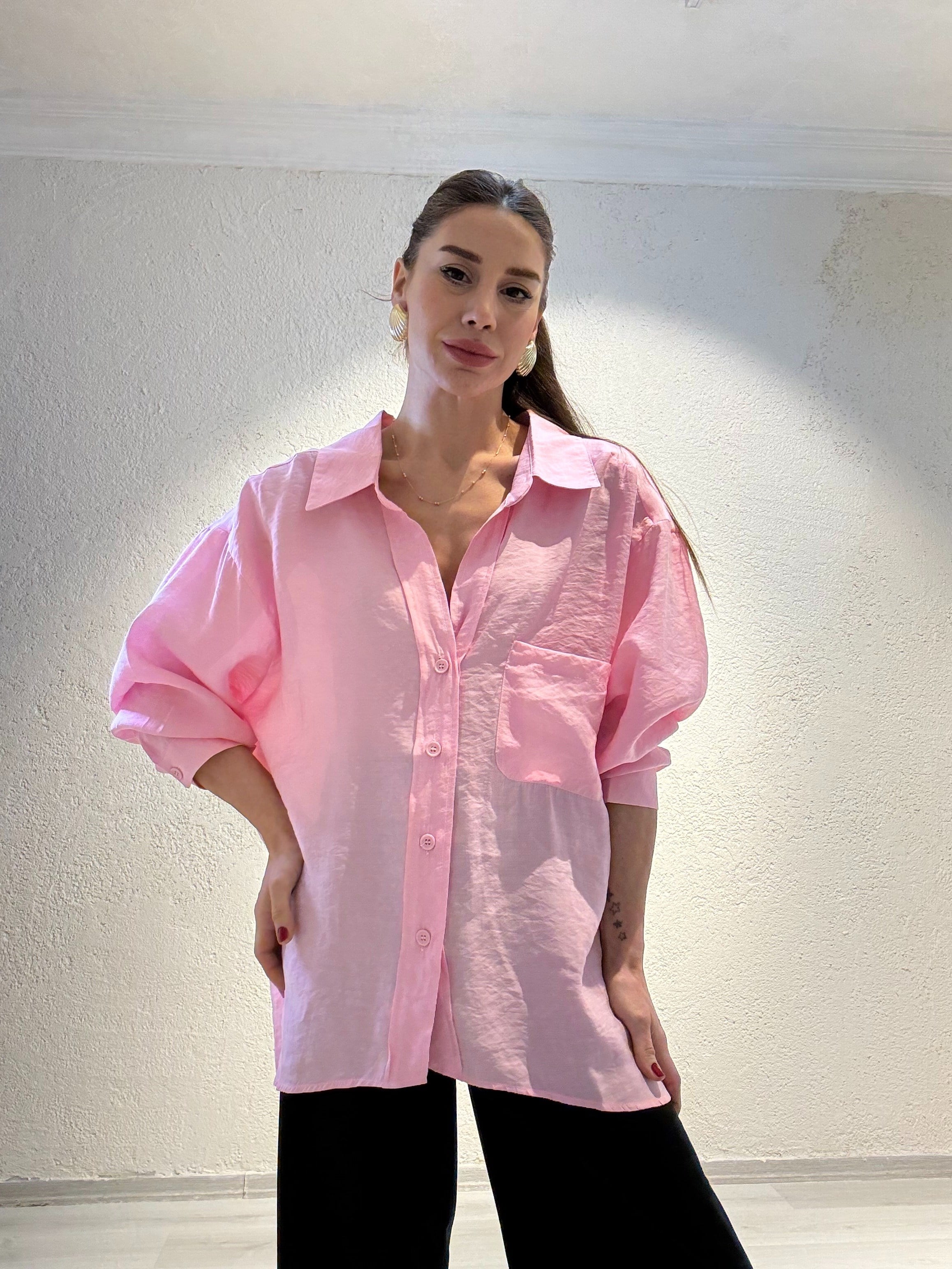 YENİ SEZONPembe Tensel Kumaş Düşük Omuz Oversize Gömlek
