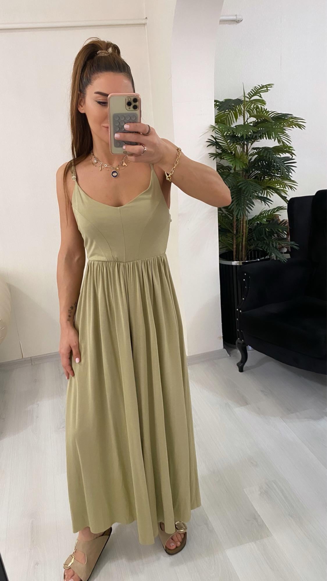 YENİ SEZONPremium Modal Yeşil Bel Lastikli İp Askılı Tulum 