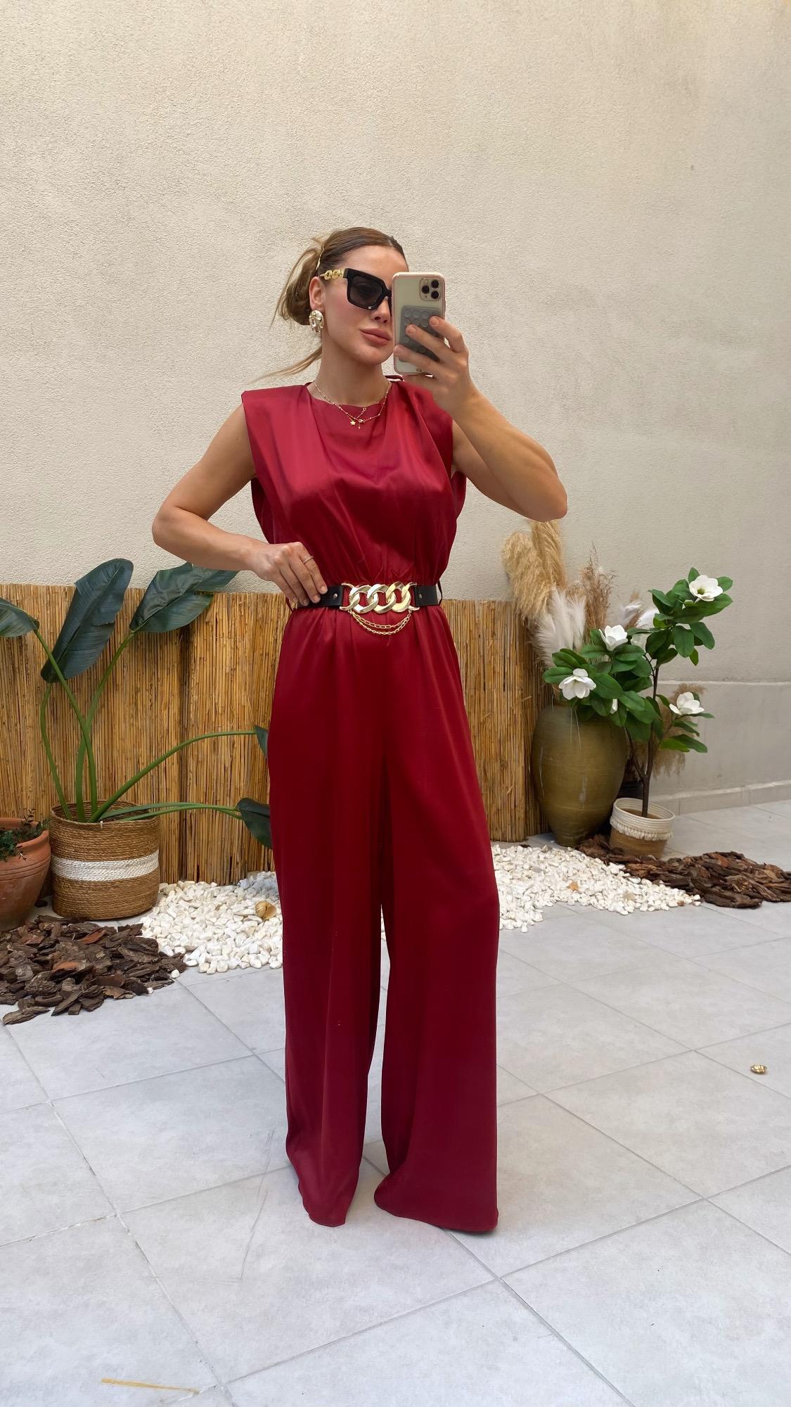 YENİ SEZONPremium Saten Bordo Kemerli Vatkalı Tulum