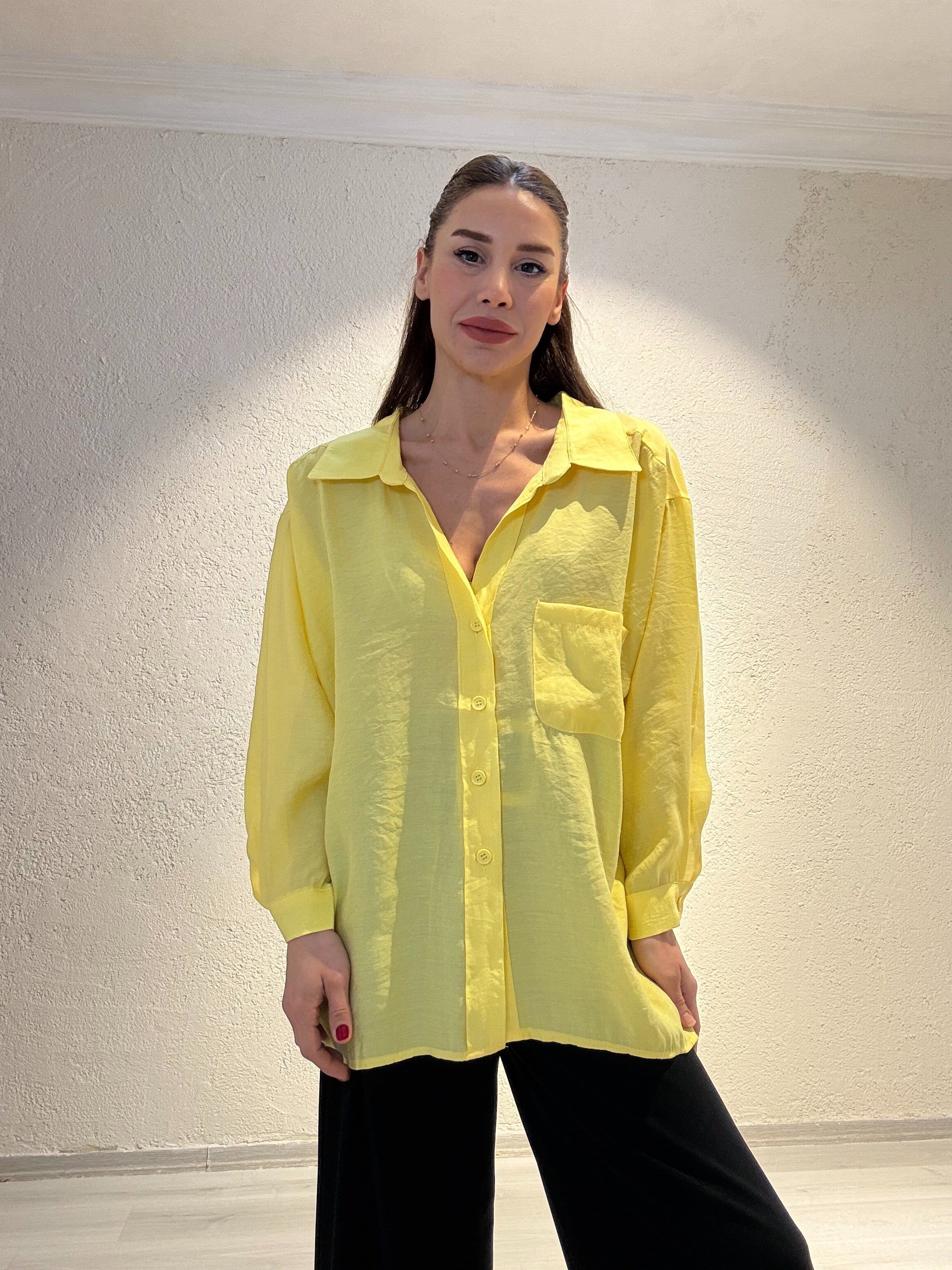 YENİ SEZONSarı Tensel Kumaş Düşük Omuz Oversize Gömlek