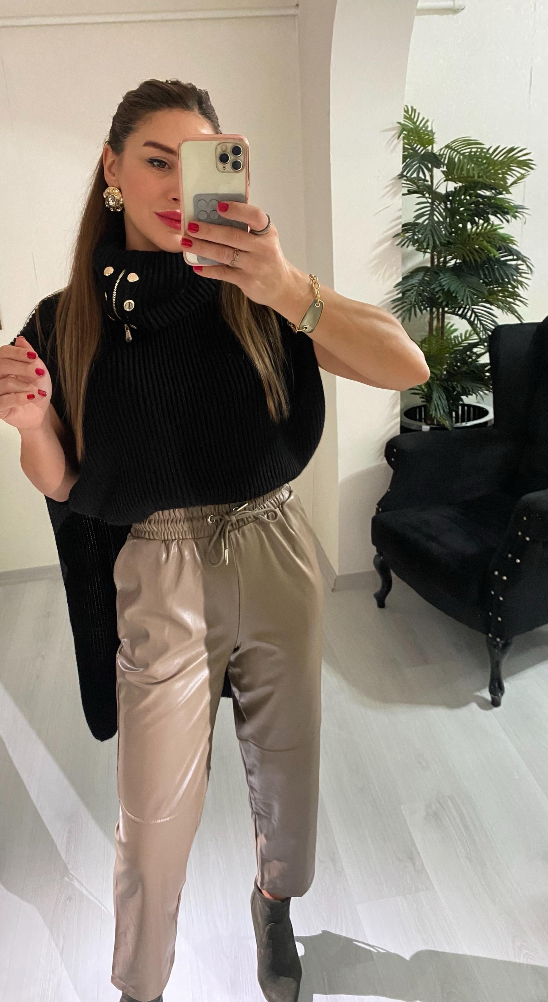 YENİ SEZONVizon Deri Beli İpli Boru Paça Pantolon