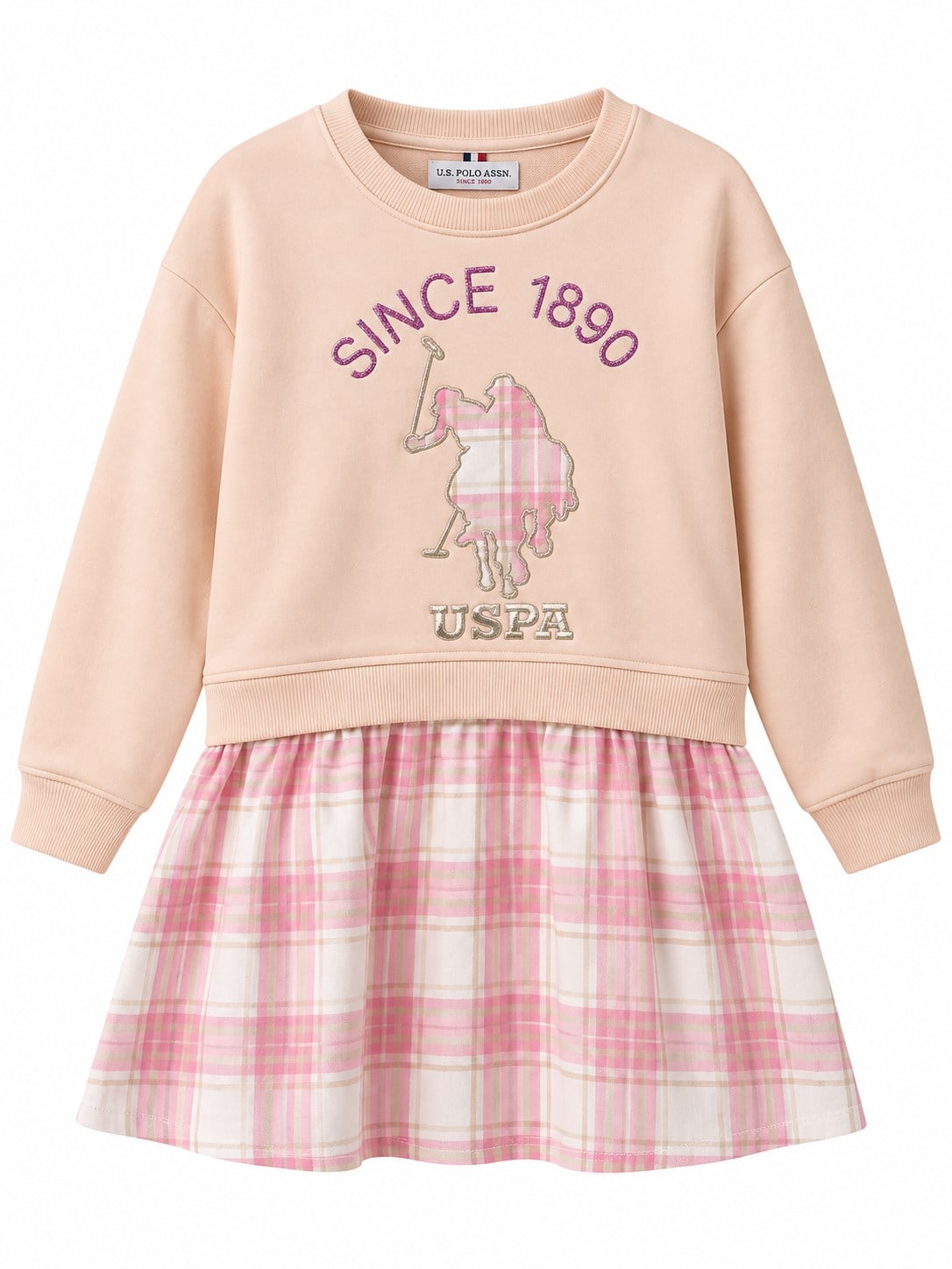 U.S. Polo Assn. Kız Çocuk Pembe Ekose Etekli Sweatshirt Elbise PEMBE