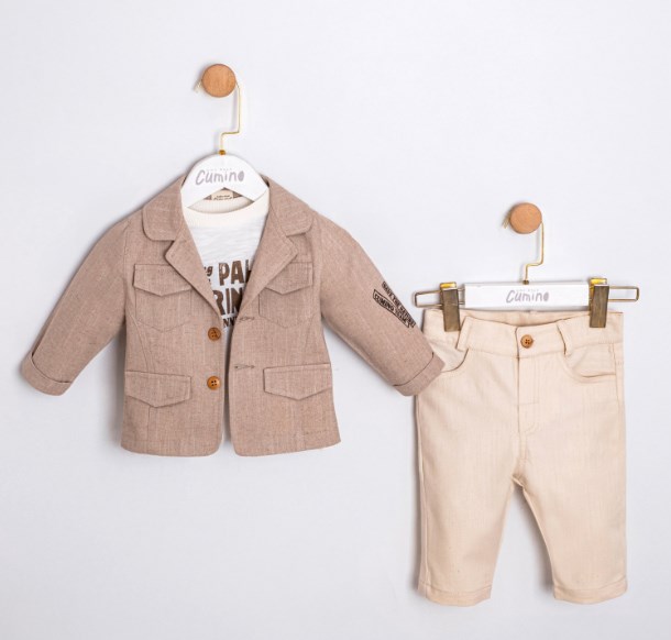 Cumino Erkek Çocuk Keten Blazer 3lü Takım 9-24 Ay BEJ