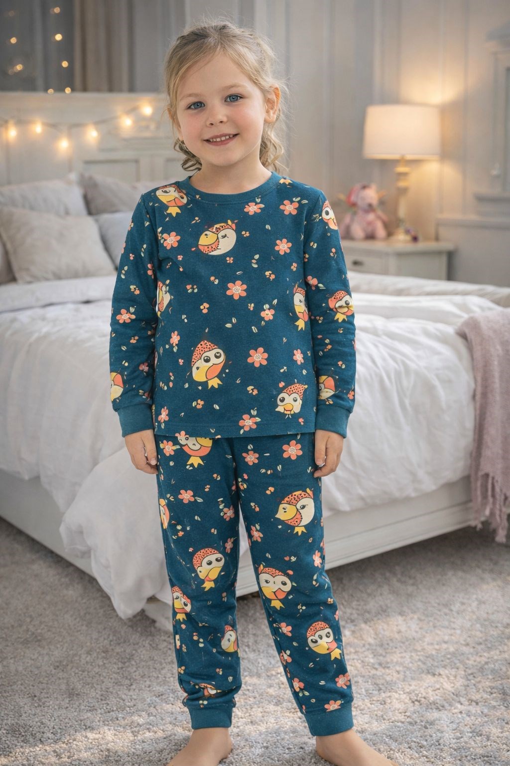 Elmask Kız Çocuk Baykuş Çiçek Baskı Uuzn Kollu Pijama Takımı 1-5 Yaş LACİVERT