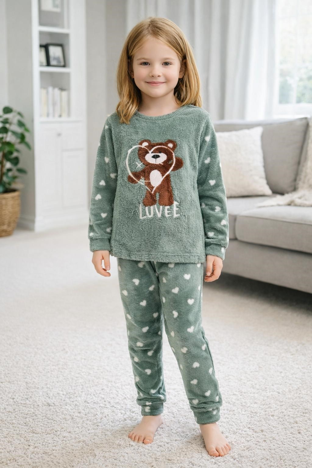 KIZ ÇOCUK HEART BEAR BASKI POLAR PİJAMA GK1235