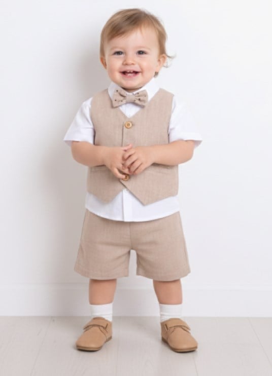 Marry&Joe Erkek Bebek Papyonlu Keten Şortlu  3lü Takım 9-24 Ay BEJ