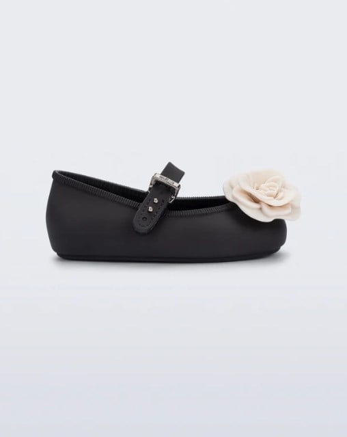 Mini Melissa Kız Çocuk Çiçek Kabartmalı Kokulu Bantlı Babet 22-30 SİYAH - BEJ