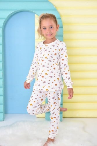 Pikidor Kız Çocuk Çiçek Baskılı Fitilli Pijama Takımı 3-8 Yaş EKRU
