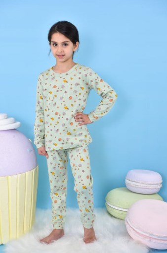 Pikidor Kız Çocuk Çiçek Baskılı Fitilli Pijama Takımı 3-8 Yaş YEŞİL