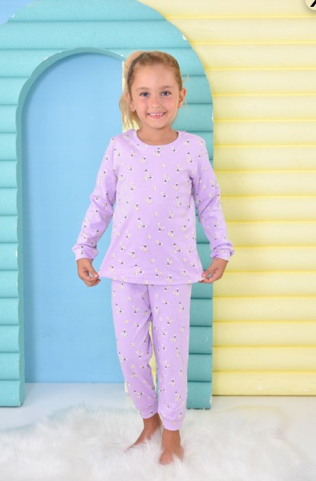 Pikidor Kız Çocuk Papatya Baskı Fitilli Kumaş Uzun Kollu Pijama Takımı 4-8 Yaş LİLA