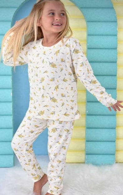 Pikidor Kız Çocuk Yaprak Baskı Fitilli Uzun Kollu Pijama Takımı 4-8 Yaş KREM