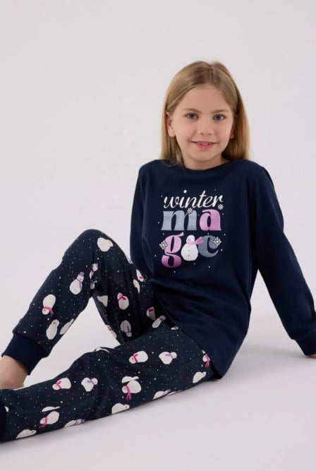 Rolypoly Kız Çocuk Kardan Adam Baskı Pijama  Takımı  2-8  Yaş LACİVERT