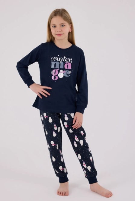 Rolypoly Kız Çocuk Kardan Adam Baskı Pijama  Takımı 8-15   Yaş LACİVERT