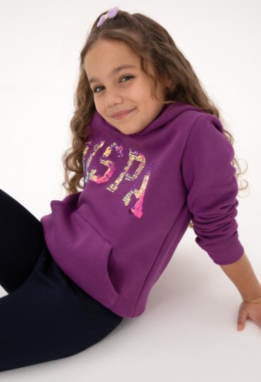 U.s Polo Assn. Kız Çocuk  Kapüşonlu Baskı Detaylı Uzun Kollu Sweatshirt 4-12  Yaş MENEKŞE