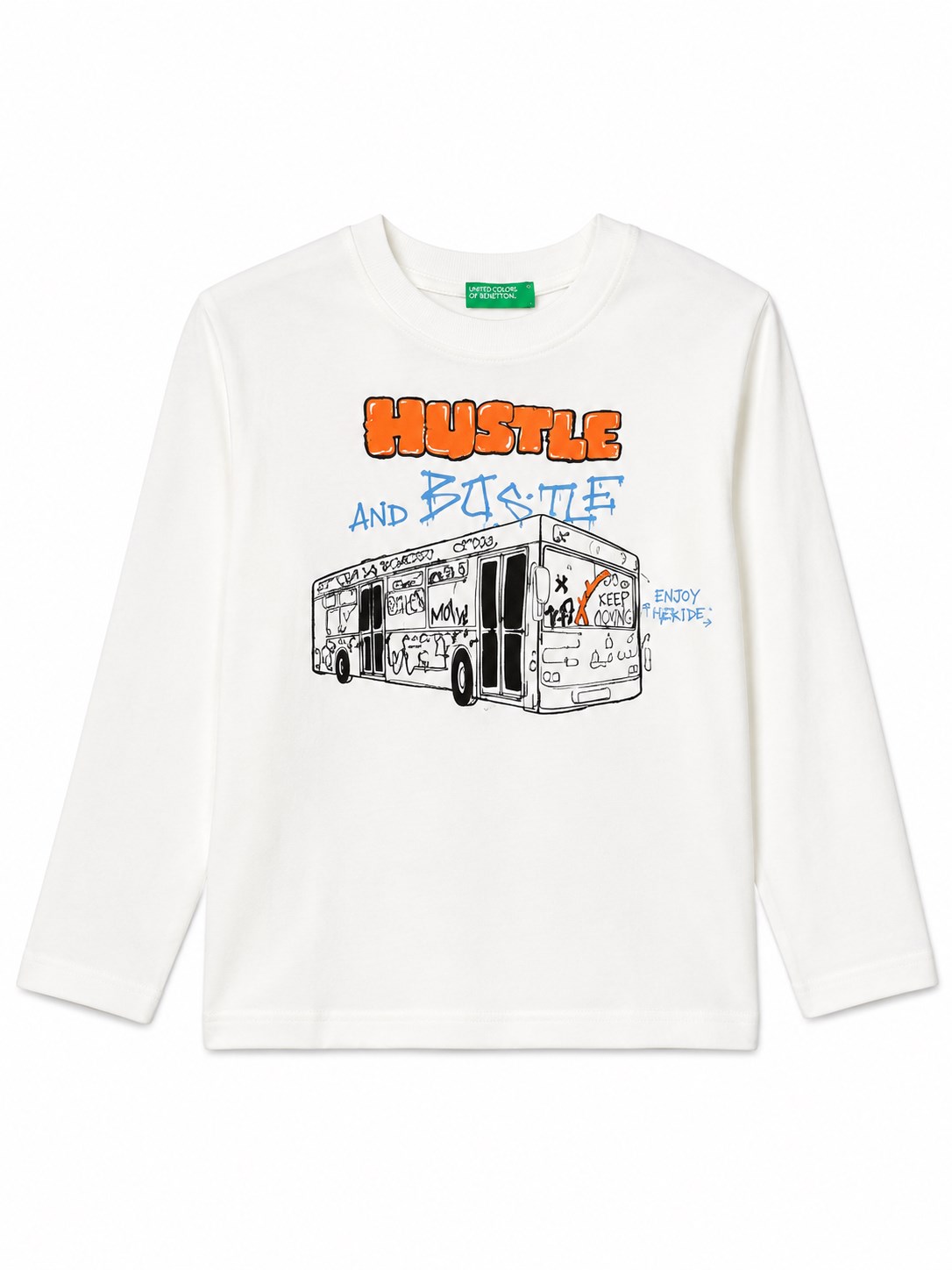 United Colors of Benetton Erkek Çocuk Back To School Araba Baskılı Bisiklet Yaka Uzun Kollu Tişört 1-6 Yaş BEYAZ