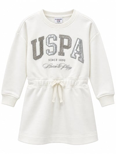 U.S. Polo Assn. Kız Çocuk Bisiklet Yaka USPA Baskılı Sweatshirt Elbise FİLDİŞİ