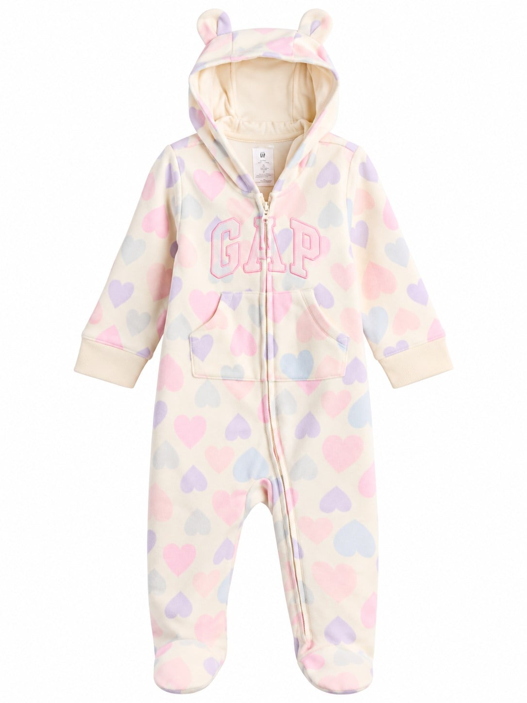 GAP Bebek Çok Renkli Kalp Desenli Logo Detaylı Kapüşonlu Fleece Tulum HEARTS