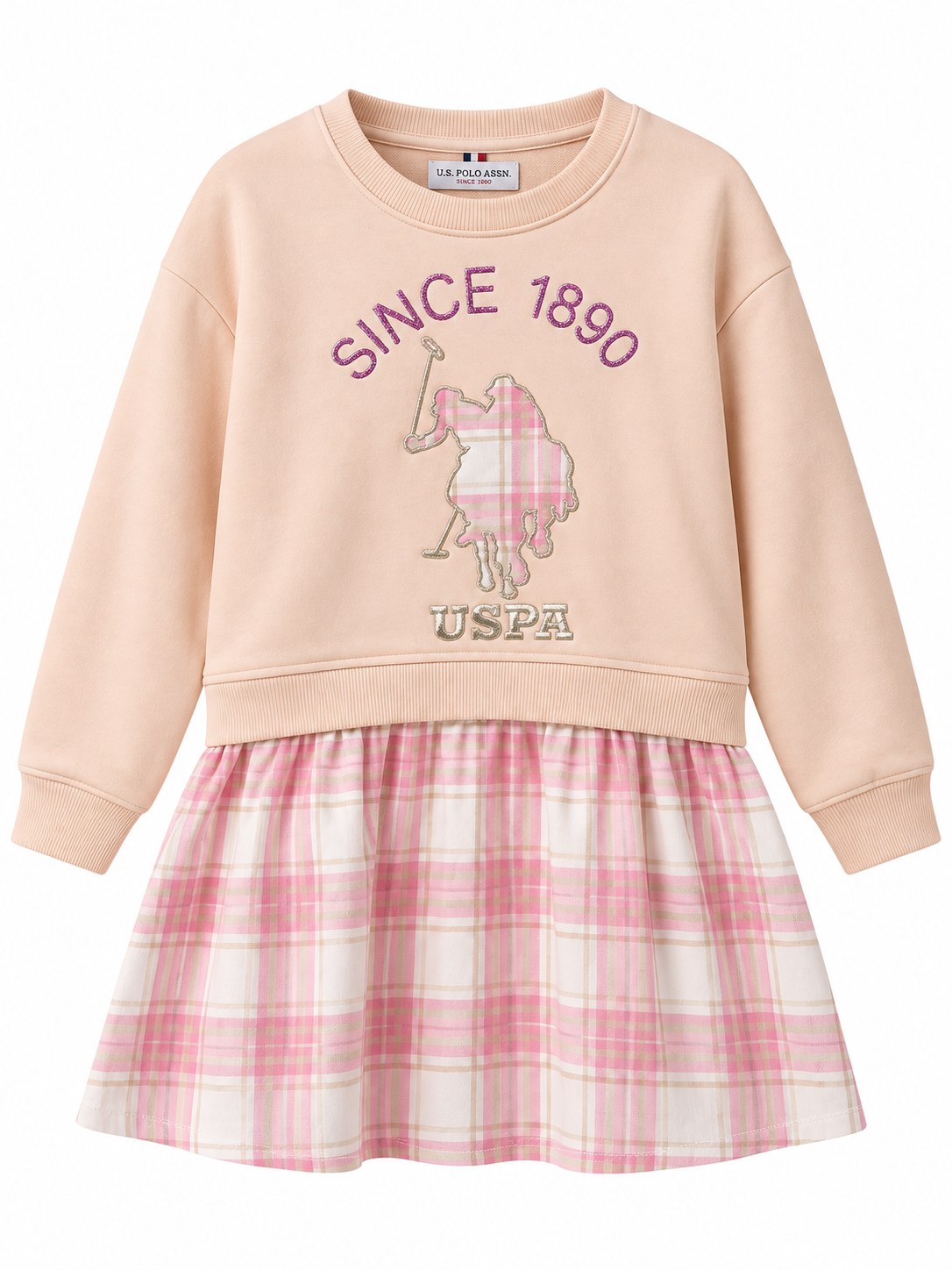 U.S. Polo Assn. Kız Çocuk Pembe Ekose Etekli Sweatshirt Elbise PEMBE