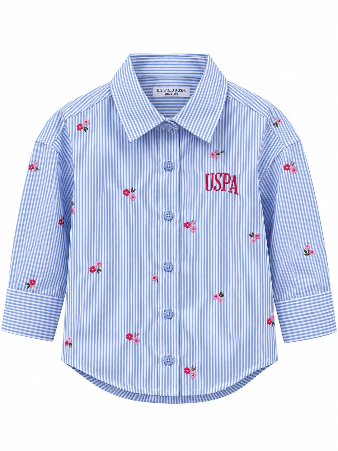 U.S. Polo Assn. U.S.Polo Assn. Kız Çocuk Çizgili Çiçek Nakışlı Gömlek MAVİ