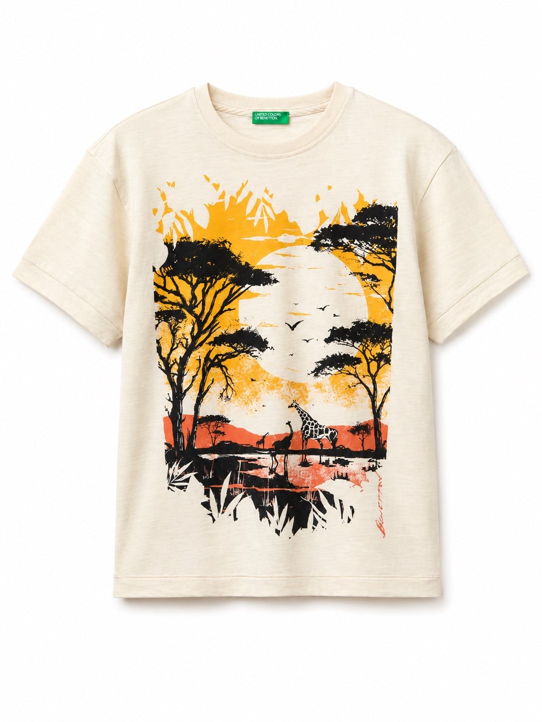 Benetton Erkek Çocuk Baskı Detaylı Bisiklet Yaka T-shirt EKRU