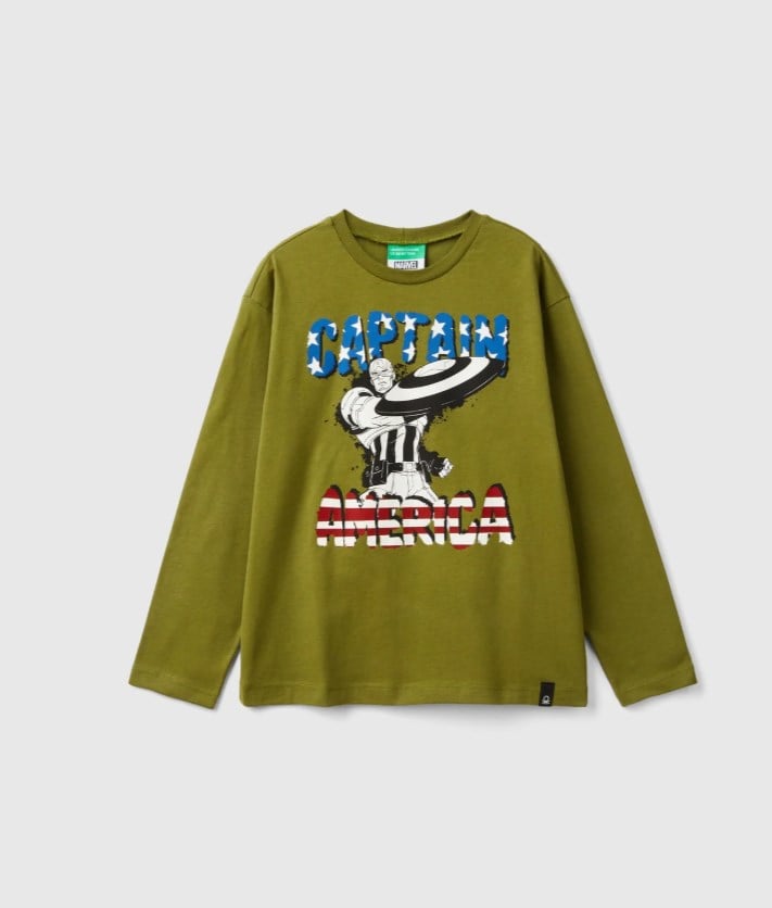 Benetton Erkek Çocuk Kaptan Amerika Baskılı Uzun Kollu Tişört 6-14 Yaş HAKİ
