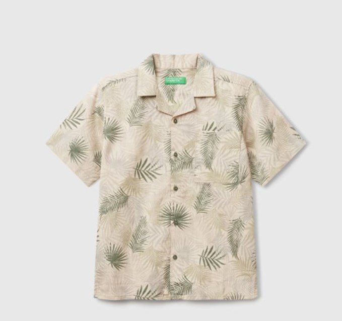 Benetton Erkek Çocuk Yaprak Desen Keten Gömlek 6-14 Yaş BEJ