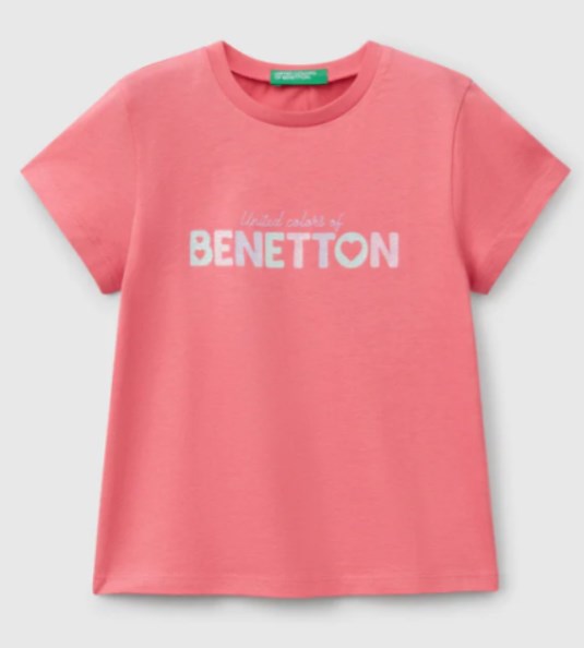 Benetton Kız Bebek Simli Logo Baskı Kısa Kollu Tişört 1-6 Yaş PEMBE