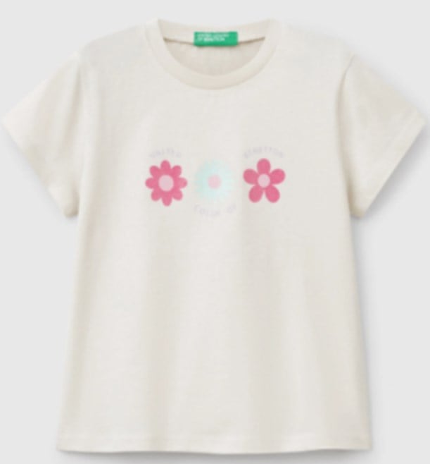 Benetton Kız Çocuk Çiçek Sim Detay Çiçek Baskı Tişört 1-6 Yaş EKRU