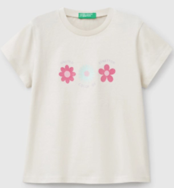 Benetton Kız Çocuk Çiçek Sim Detay Çiçek Baskı Tişört 1-6 Yaş EKRU