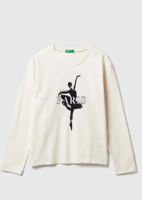 Benetton Kız Çocuk Ekru Balerin Baskılı Uzun Kollu T-Shirt 6-14 Yaş EKRU