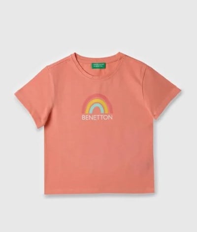 Benetton Kız Çocuk Gökkuşağı Baskı Kısa Kollu Tişört 4-14 Yaş KOYU PUDRA
