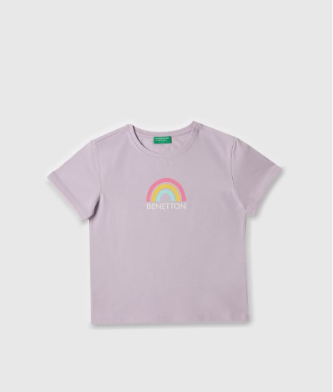 Benetton Kız Çocuk Gökkuşağı Baskı Kısa Kollu Tişört 4-14 Yaş LİLA