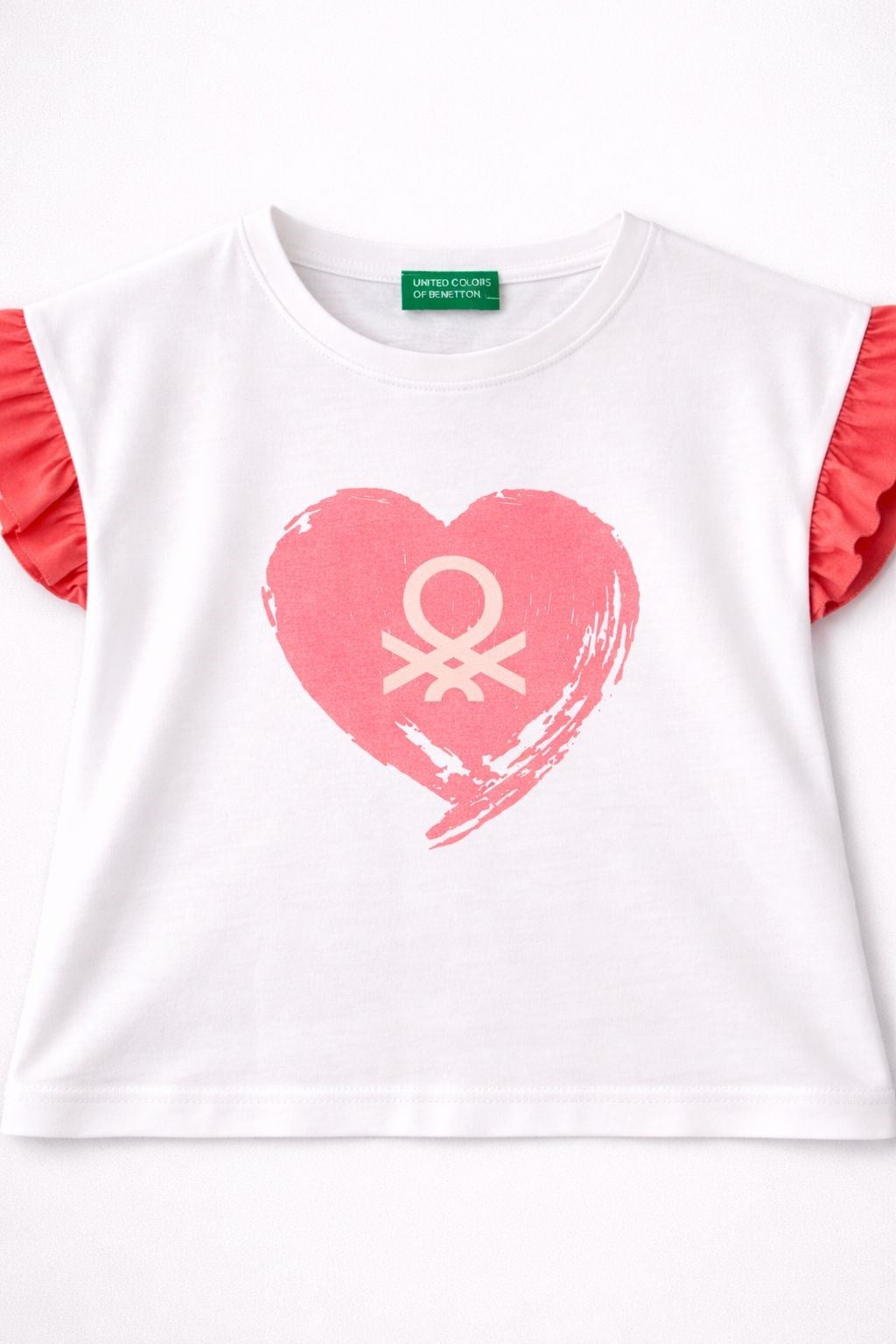 Benetton Kız Çocuk Kalp Baskı Kolları Fırfırlı Tişört 4-14 Yaş BEYAZ