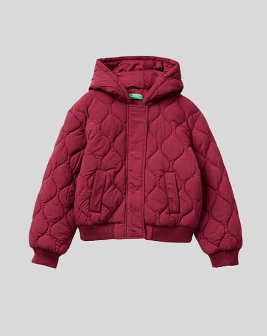 Benetton Kız Çocuk Kapüşonlu Kapitone Mont 6-14 Yaş BORDO