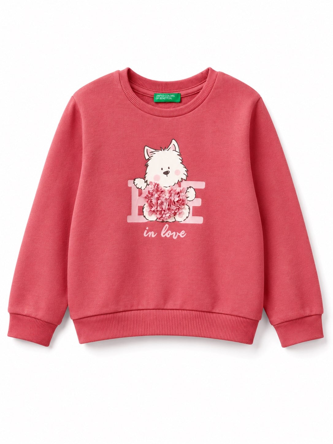 Benetton Kız Çocuk  Köpek Baskılı Gül Kabartmalı Bisiklet Yaka Sweatshirt 0-6 Yaş PEMBE